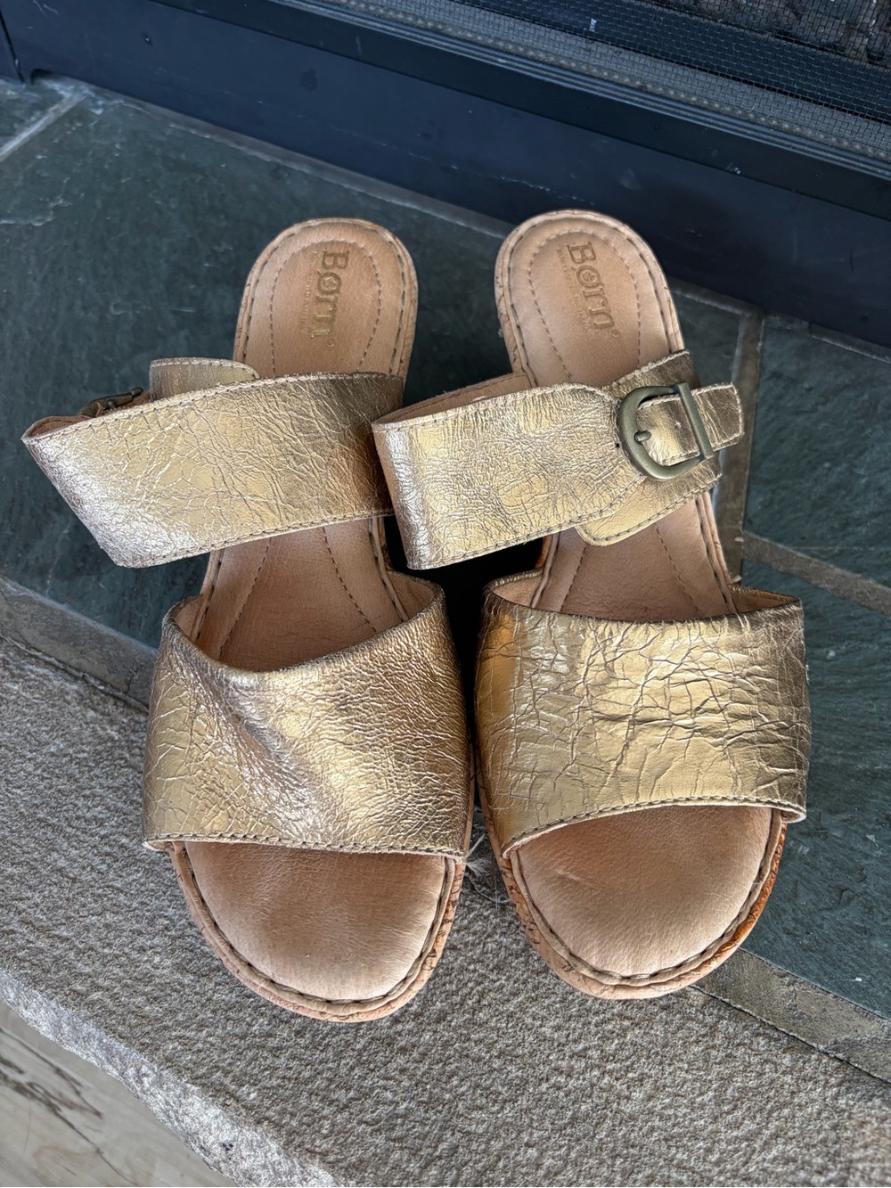 Born Metallic Gold Double-Strap Wedge Sandals